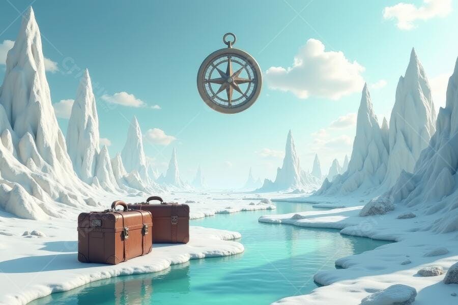 Foto Malas de Viagem Neve Rio Congelado Bússola Aventura