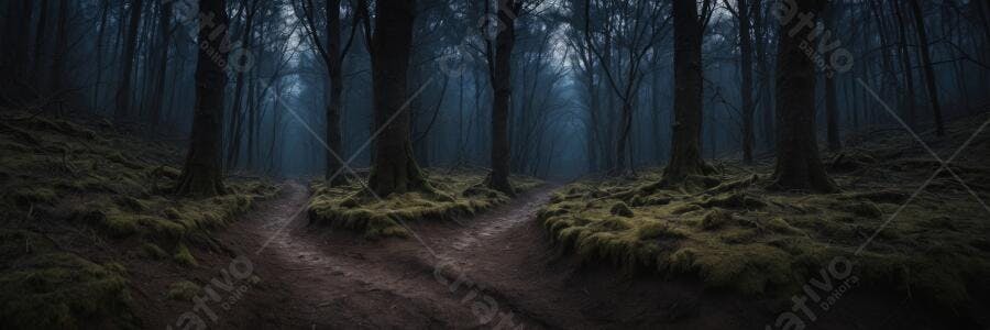Foto Floresta Escura Trilha Nebulosa Caminho Dividido