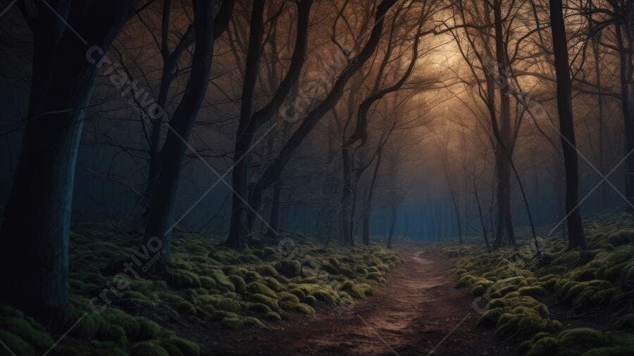 Foto Floresta Escura Trilha Iluminada Raio de Sol Místico