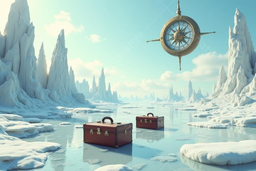 Foto Malas de Viagem Flutuando Gelo Ártico Bússola Gigante