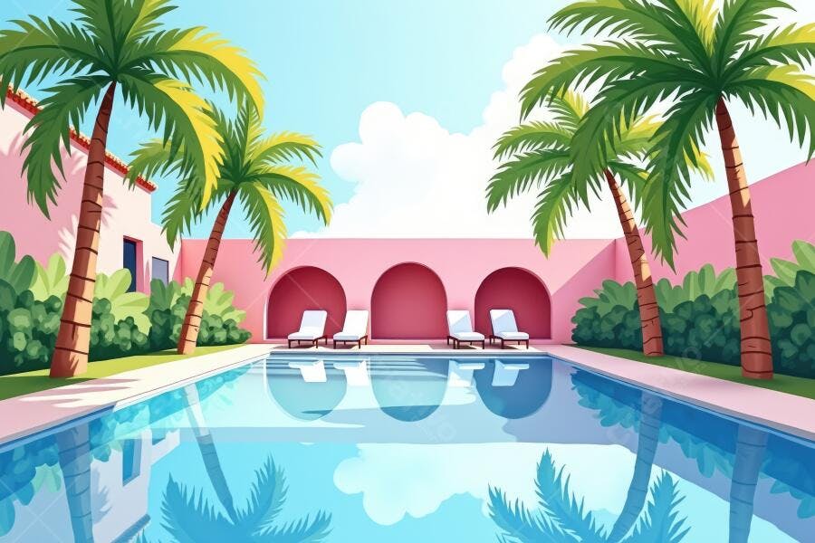 Piscina de Hotel com Palmeiras e Arquitetura Rosa Verão
