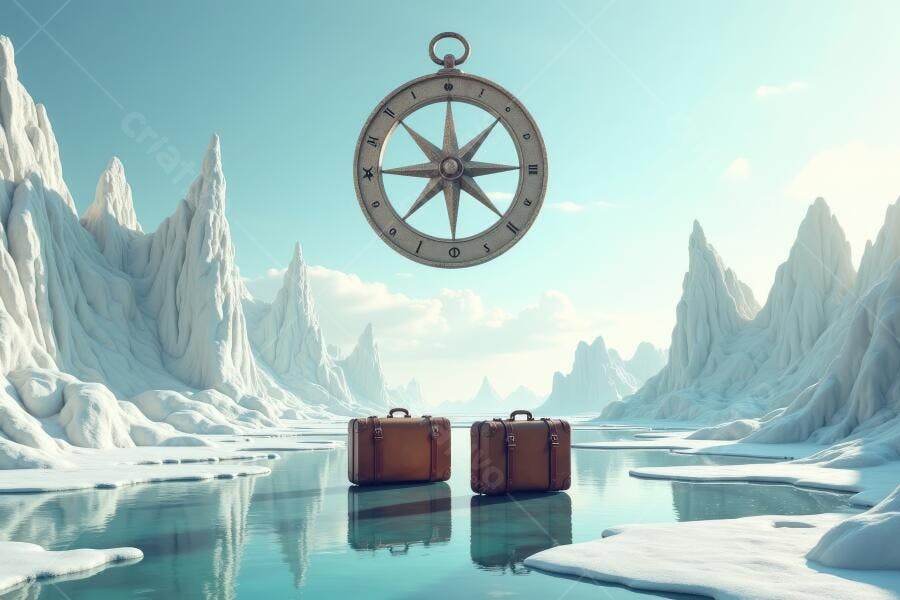 Foto Bússola Antiga Malas Viagem Gelo Ártico Aventura