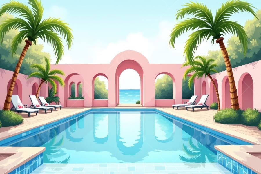 Piscina de Luxo Resort Verão com Palmeiras e Arcos Rosas