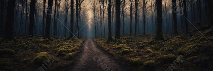 Foto Estrada Floresta Escura Neblina Árvores Sem Folhas