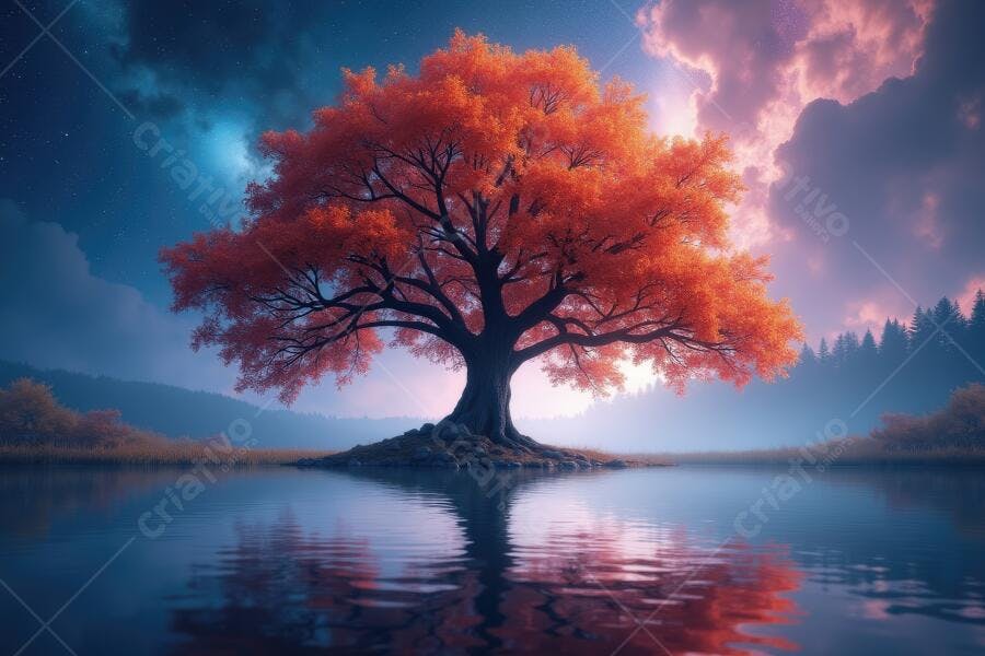 Foto Árvore Laranja Solitária Refletida no Lago Entardecer