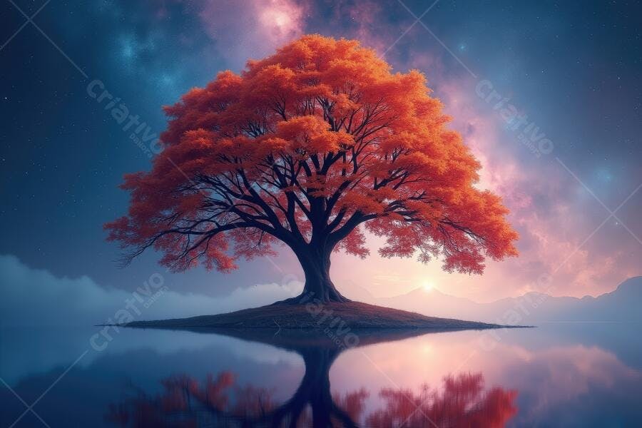 Foto Árvore Laranja Solitária Reflexo Água Céu Crepúsculo