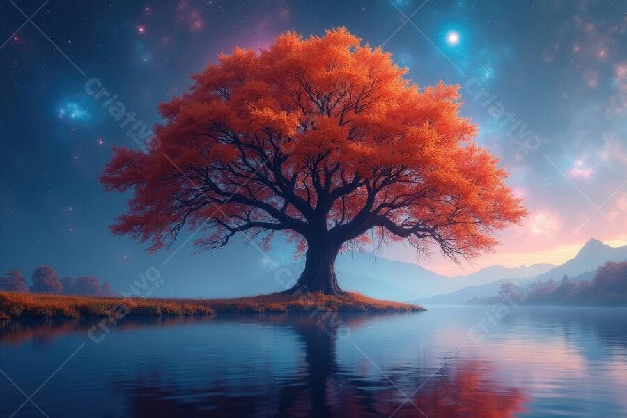 Foto Árvore Laranja Solitária Reflexo Lago Céu Estrelado