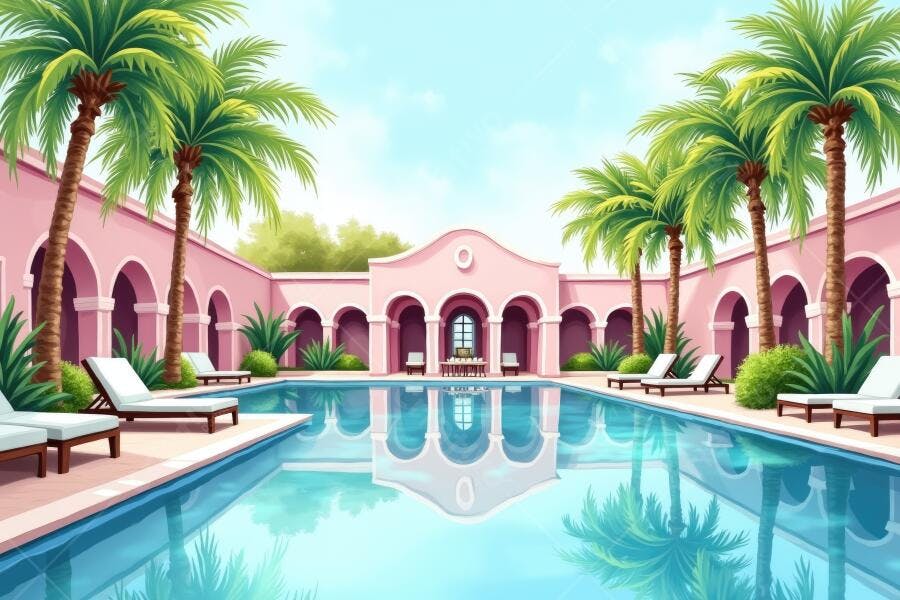 Piscina de Luxo Hotel Resort Rosa com Palmeiras Verão