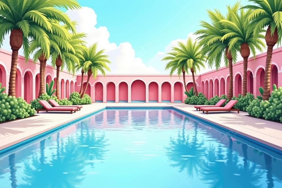 Piscina de Hotel Resort com Palmeiras e Arquitetura Rosa