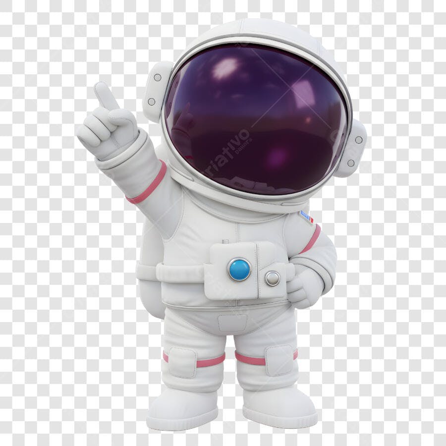 Astronauta 3D apontando para cima branco rosa PNG com fundo transparente
