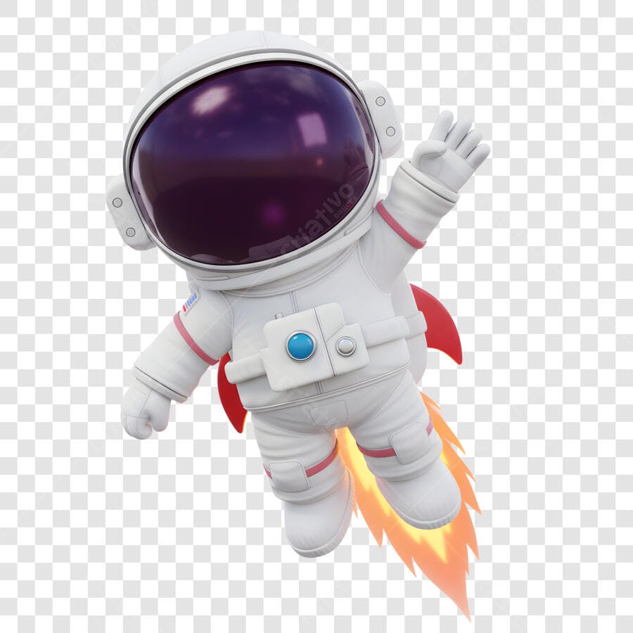 Astronauta 3D Branco Foguete Laranja Subindo Sucesso PNG com fundo transparente