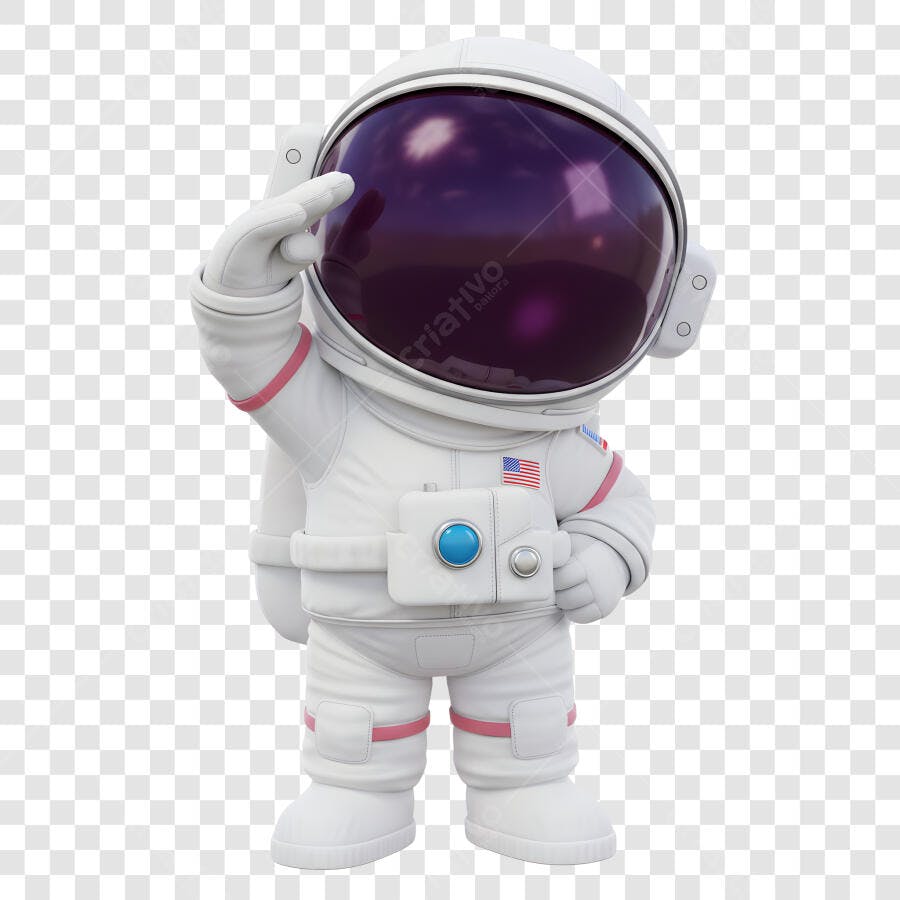 Astronauta 3D Fofo Saudando Uniforme Branco Rosa Roxo PNG com fundo transparente
