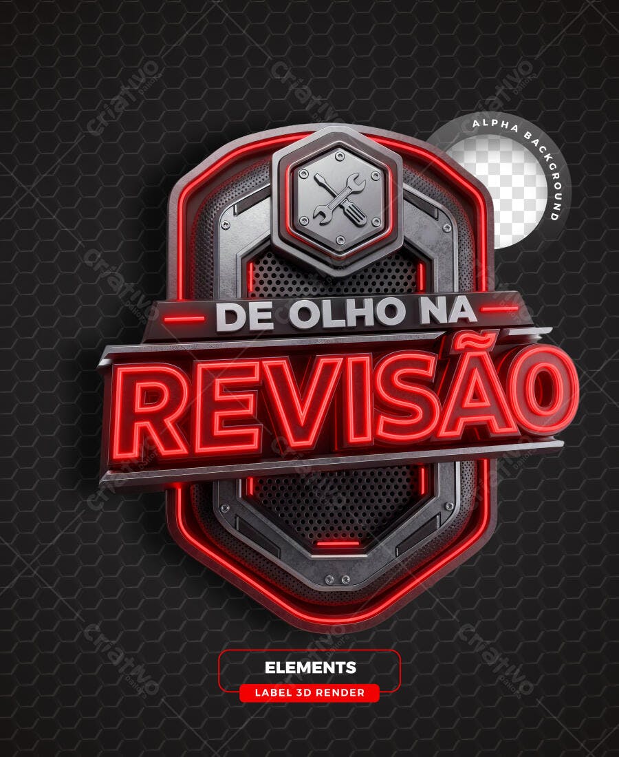 Selo 3D Revisão Automotiva Metalizado Vermelho Neon PNG Transparente