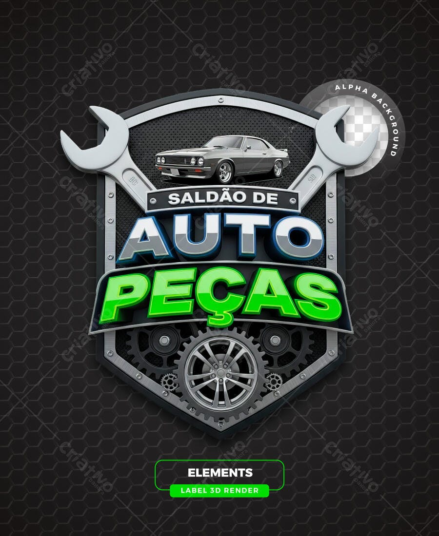 Selo 3D Saldo Auto Peças Metalizado Prata Verde PNG Transparente
