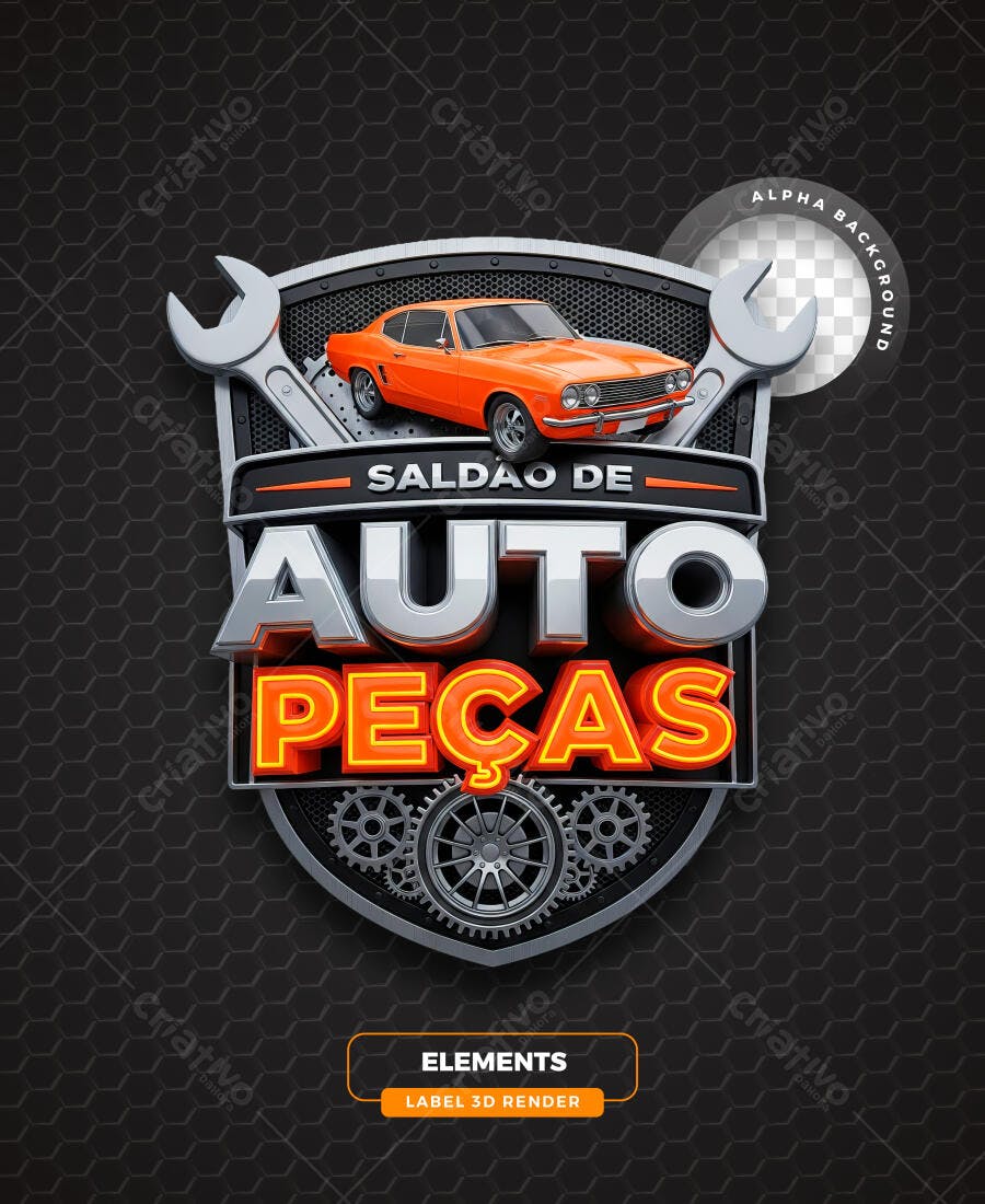 Selo 3D Saldo Auto Peças Carro Vintage Prata Laranja PNG