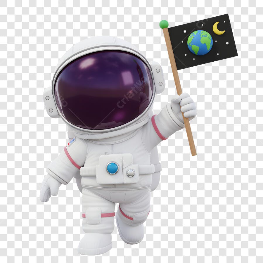 Astronauta 3D Carismático com Bandeira Espacial Terra Lua PNG com fundo transparente