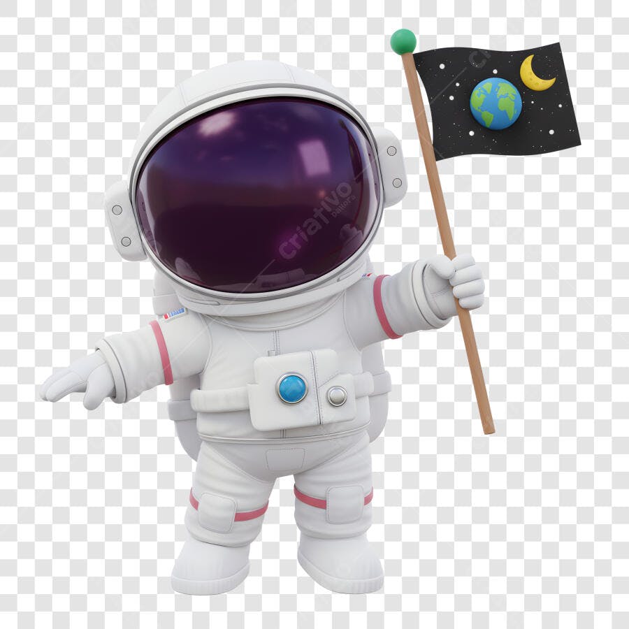Astronauta 3D com Bandeira Espacial Terra e Lua PNG com fundo transparente