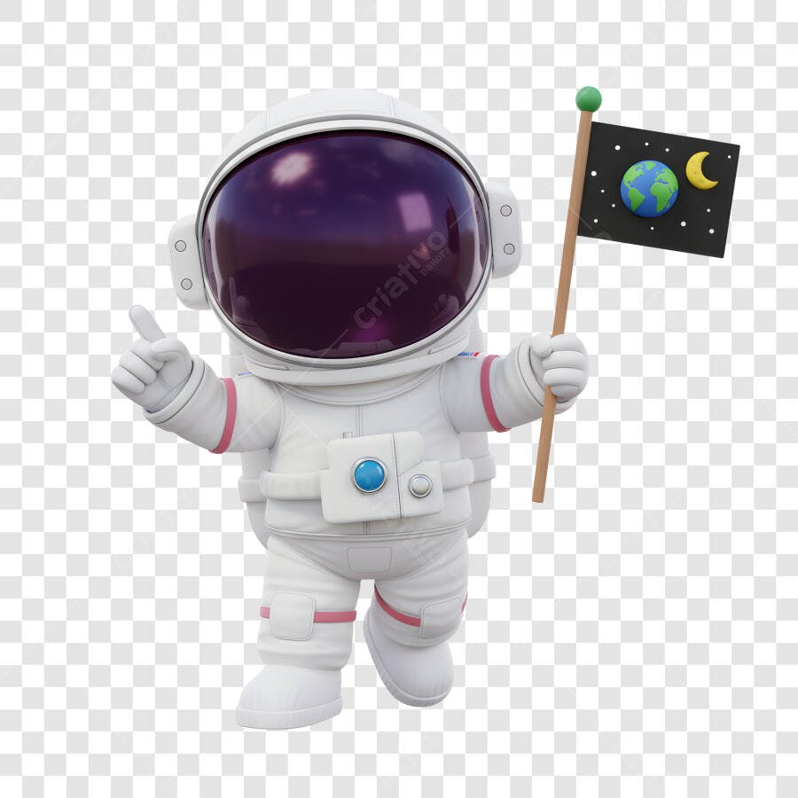 Astronauta 3D Branco Apontando Bandeira Espacial Terra Lua PNG fundo transparente