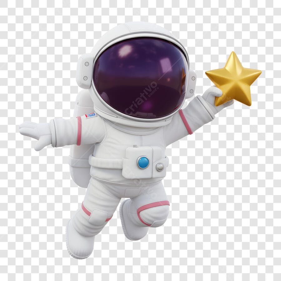 Astronauta 3D flutuando segurando estrela dourada PNG com fundo transparente
