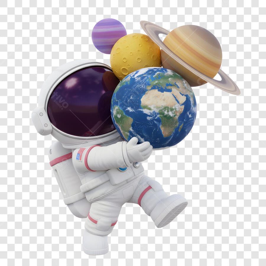 Astronauta 3D Segurando Terra e Planetas PNG com Fundo Transparente