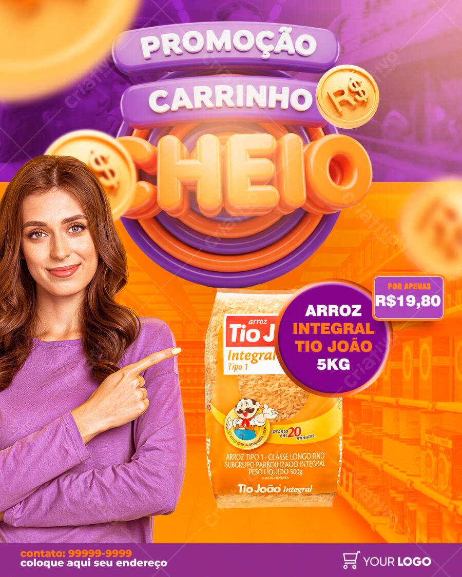 Post Instagram Supermercado Promoção Carrinho Cheio PSD Editável