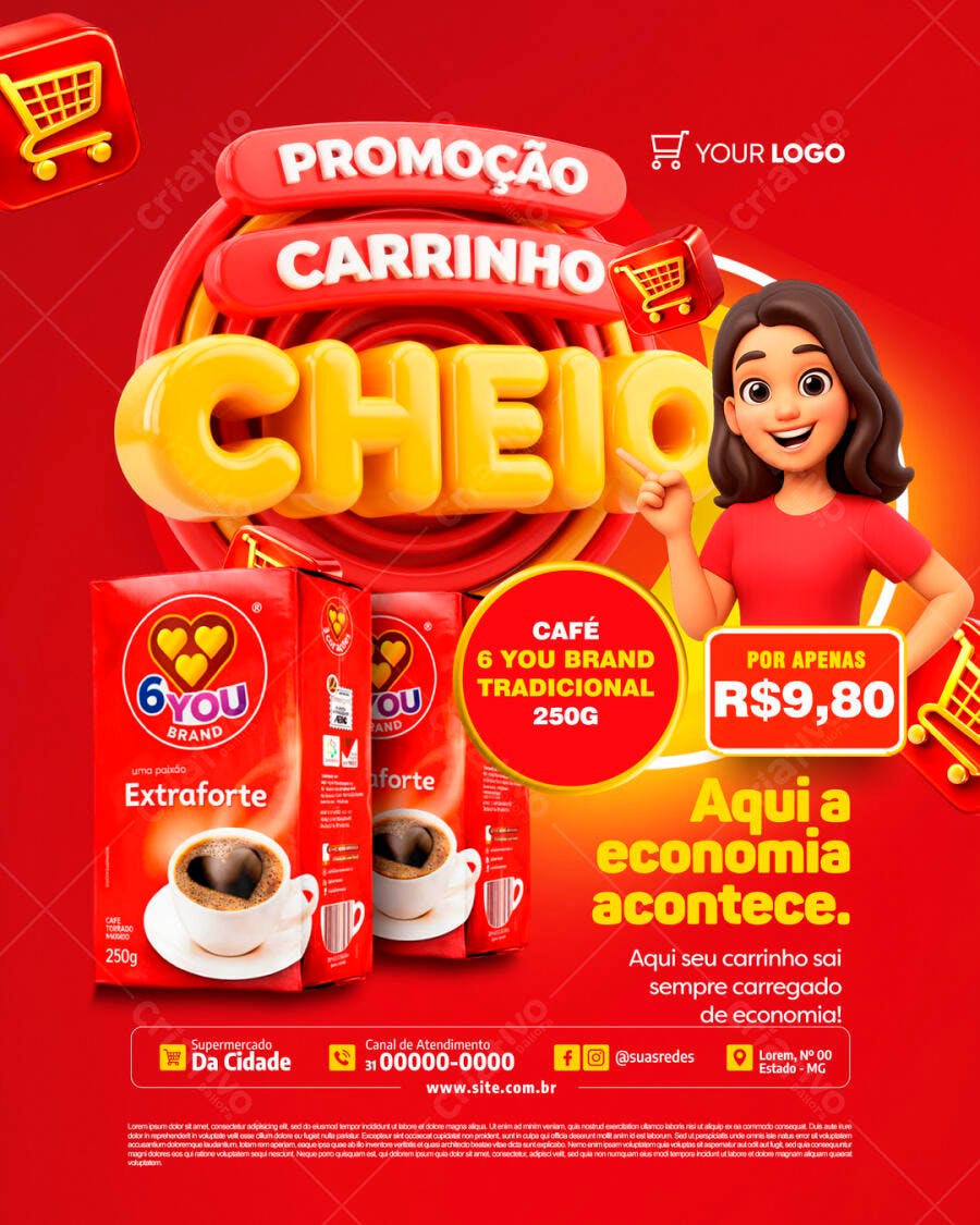 Post Instagram Carrinho Cheio Supermercado PSD Editável