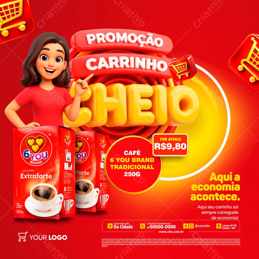 Post Instagram Promoção Carrinho Cheio Café PSD Editável