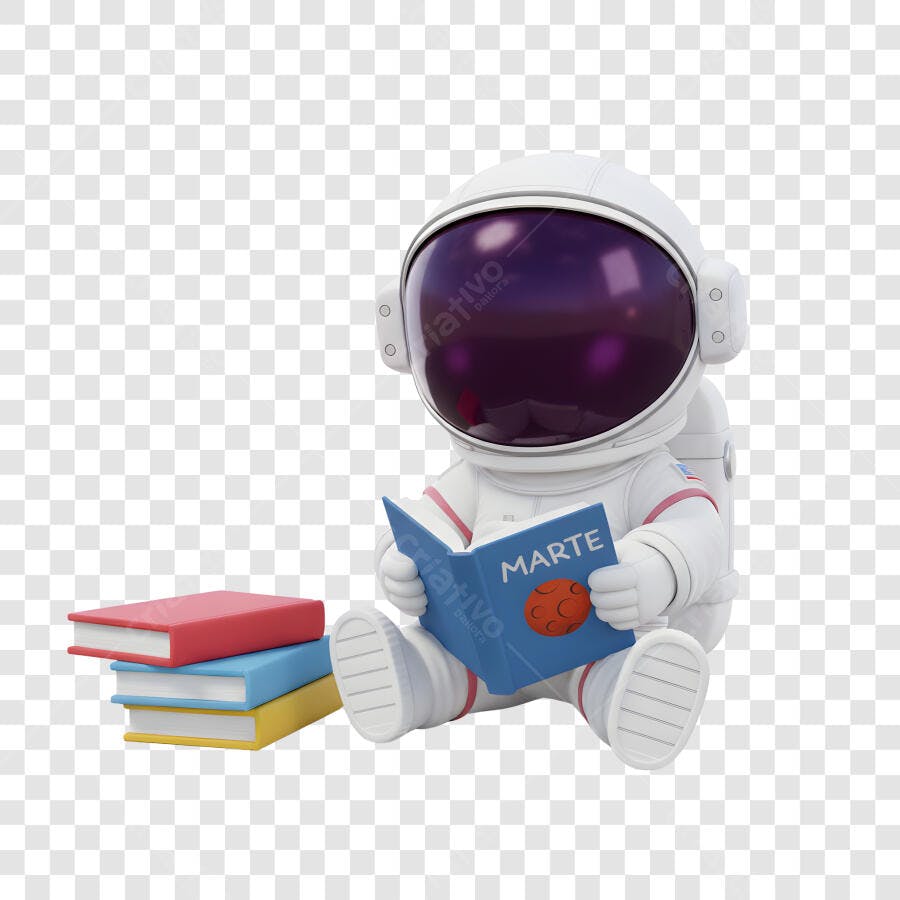 Astronauta 3D lendo livro sobre Marte e aprendizado PNG com fundo transparente