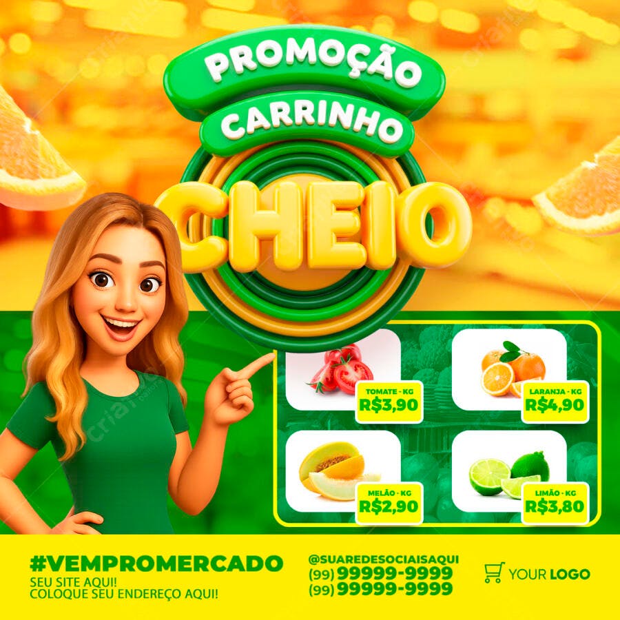 Post Instagram Promoção Carrinho Cheio Supermercado PSD Editável