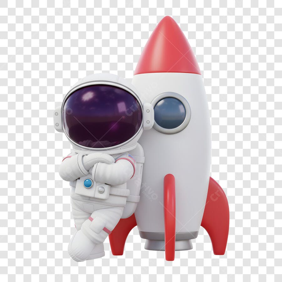 Astronauta 3D Foguete 3D Branco Vermelho Azul para Espaço PNG com fundo transparente