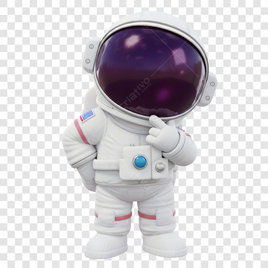 Astronauta 3D Branco Pensando Dedo Apontando PNG com fundo transparente