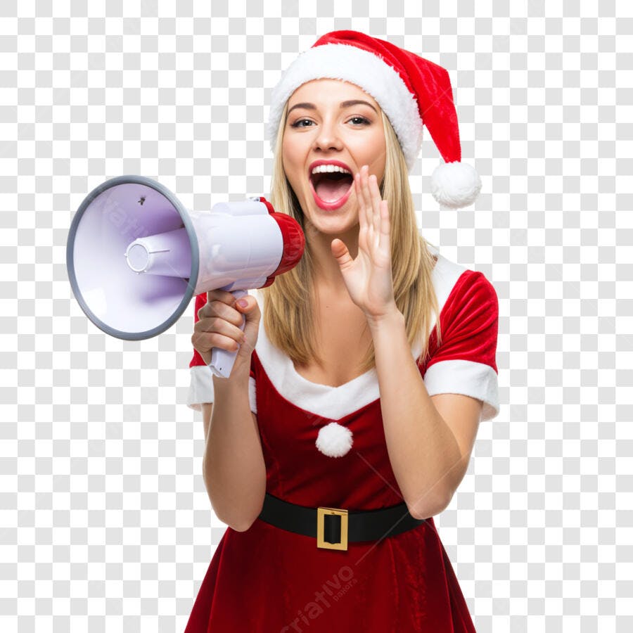 Imagem Natal Mulher Mamãe Noel Loura Megafone Vermelho Anunciando PNG com fundo transparente