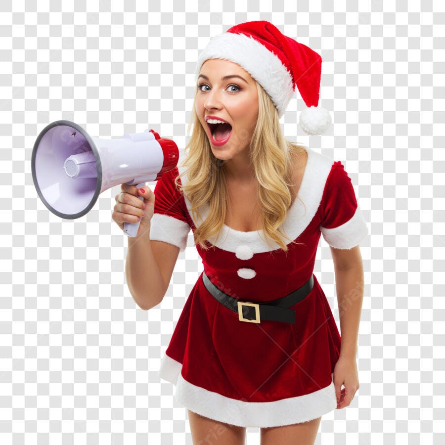 Anúncio de Natal Mulher Loira Mamãe Noel Megafone PNG com fundo transparente