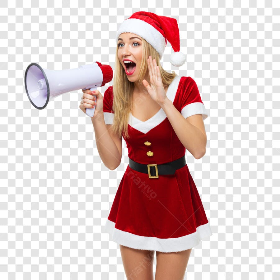 Mulher Loira Mamãe Noel com Megafone Anúncio Natal PNG com fundo transparente
