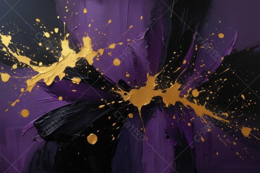 Pintura Abstrata Roxa e Dourada com Salpicos de Tinta