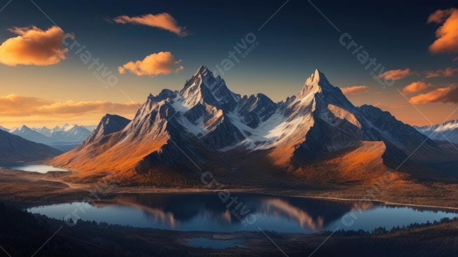 Foto Montanhas Nevadas Lago Refletindo Céu Dourado Pôr do Sol