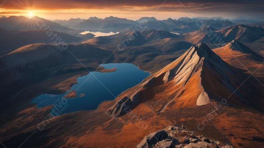 Foto Aérea Montanhas Lago Cenário Natural Pôr do Sol