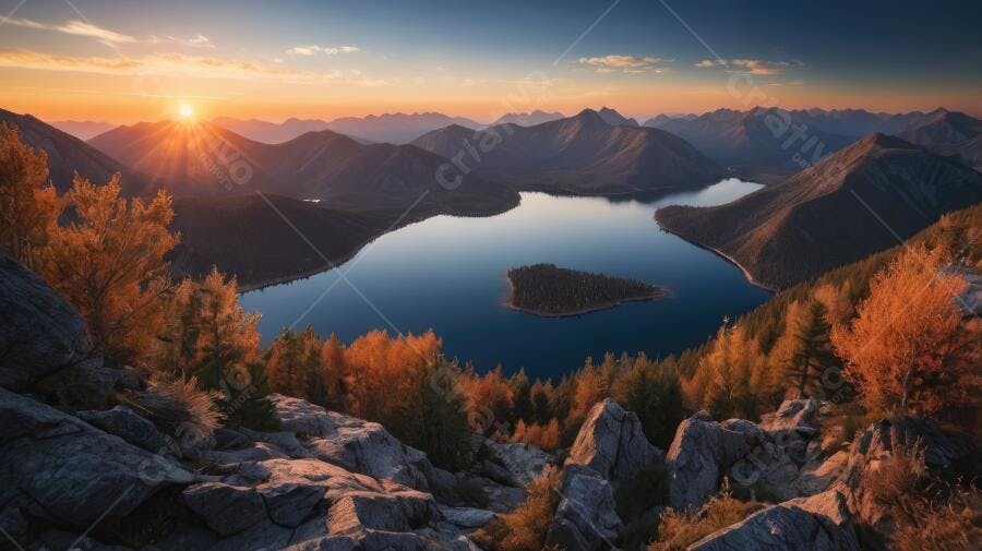 Foto Paisagem Montanhas Lago Outono Pôr do Sol Dourado