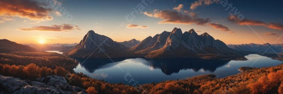 Foto Paisagem Montanhas Lago Outono Pôr do Sol Dourado
