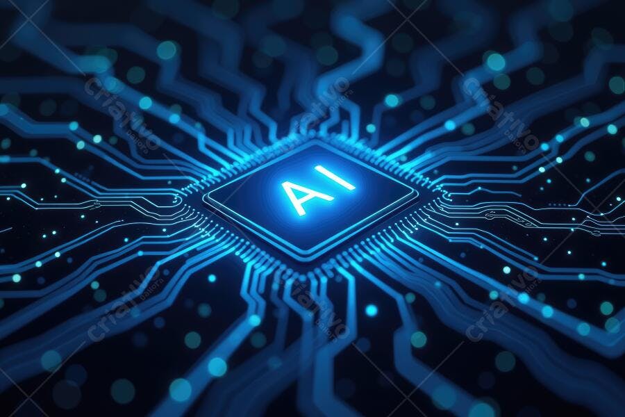Foto Chip de Inteligência Artificial AI com Luz Azul Brilhante