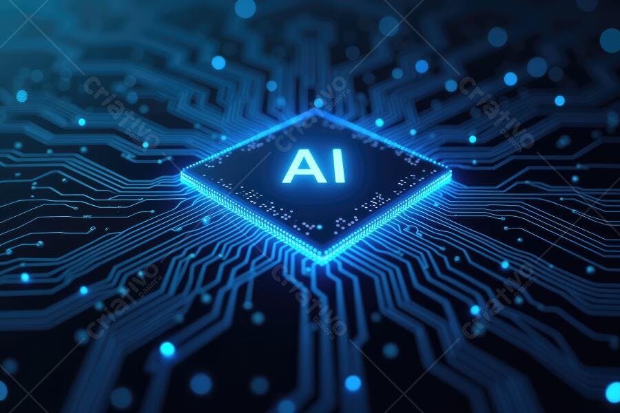 Foto Chip Inteligência Artificial AI Placa de Circuito Azul