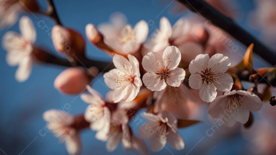 Foto Flores de Cerejeira Rosa em Galho Fundo Azul Céu