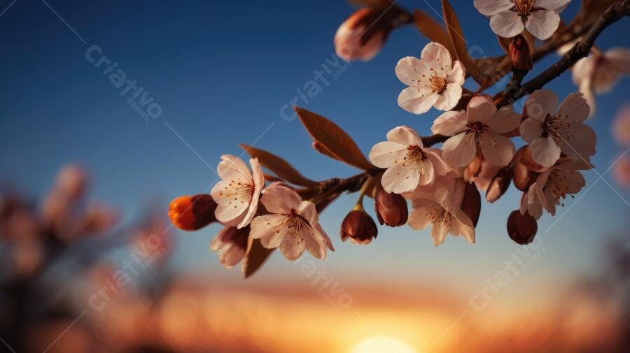 Foto Flores de Cerejeira Brancas ao Pôr do Sol Céu Azul