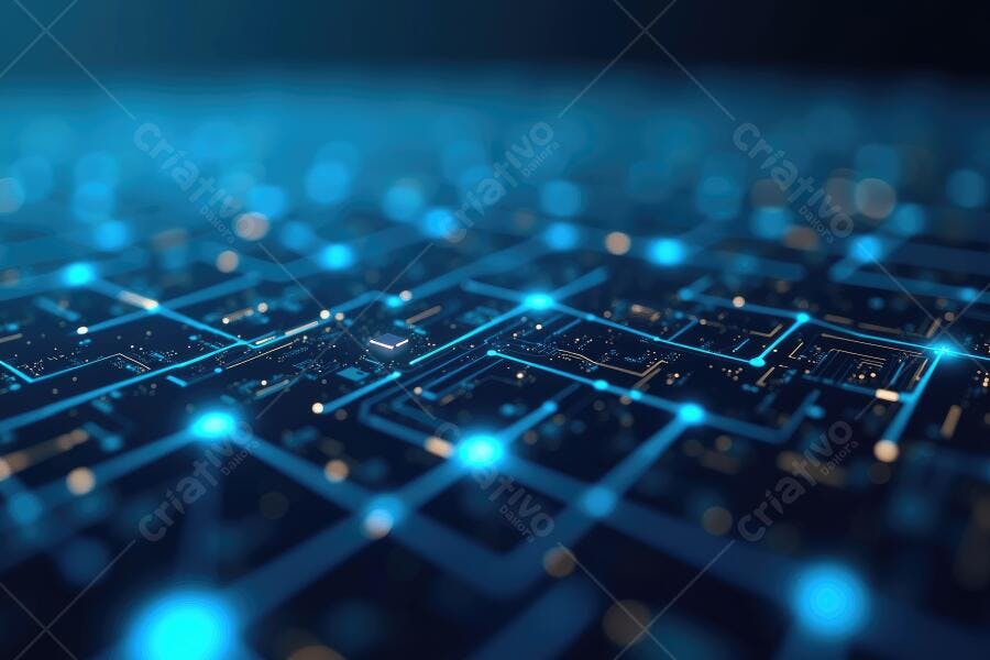 Foto Placa de Circuito Eletrônico com Luzes Azuis Brilhantes
