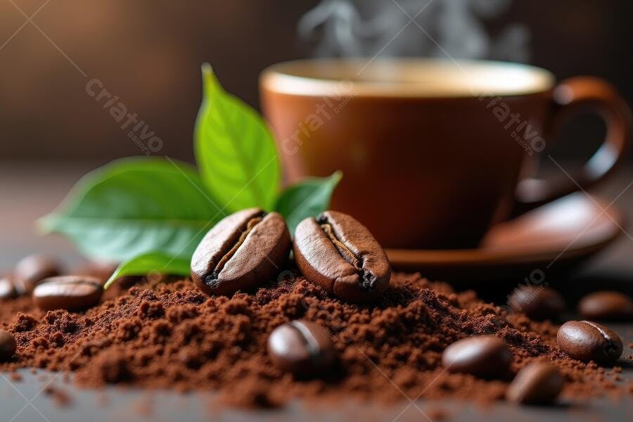 Foto Café Grãos Moído Xícara Vapor Fundo Escuro
