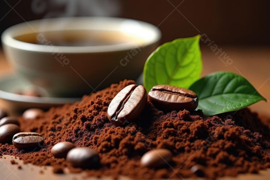 Foto Grãos de Café Torrados e Moídos com Xícara Fundo Escuro