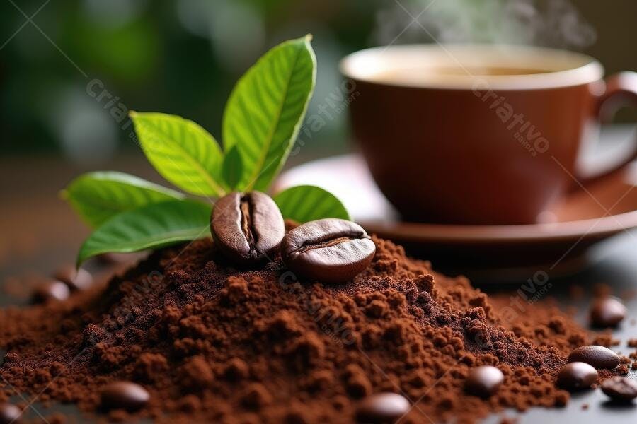 Foto Grãos de Café e Pó com Folhas Xícara de Café Quente