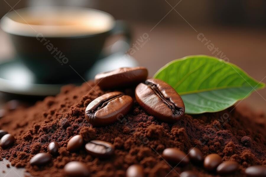 Foto Grãos de Café Torrados e Pó de Café com Xícara Fundo