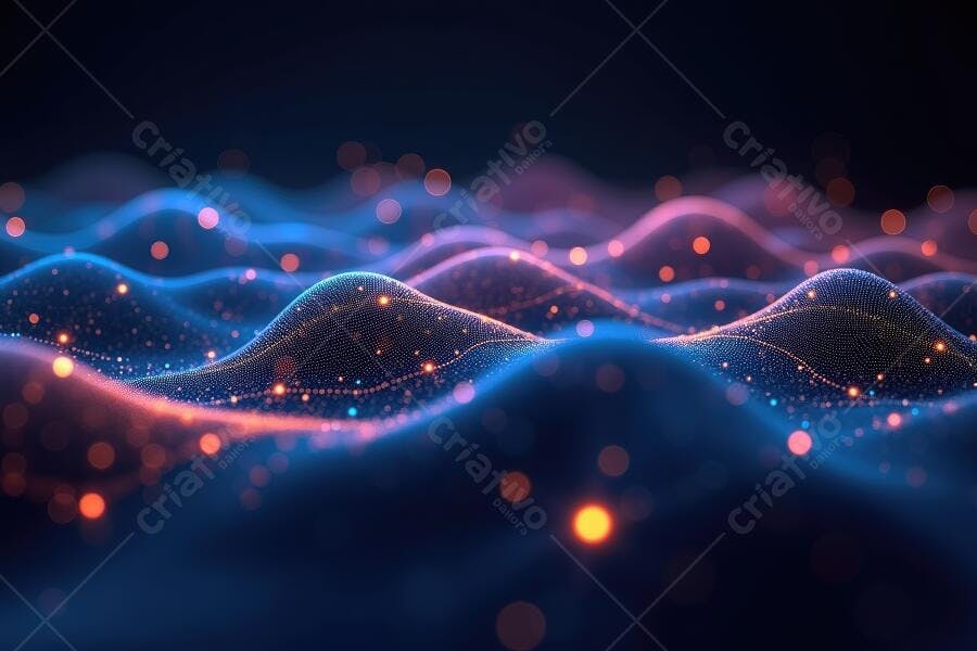 Ondas Digitais Abstratas Azuis e Laranjas com Pontos de Luz
