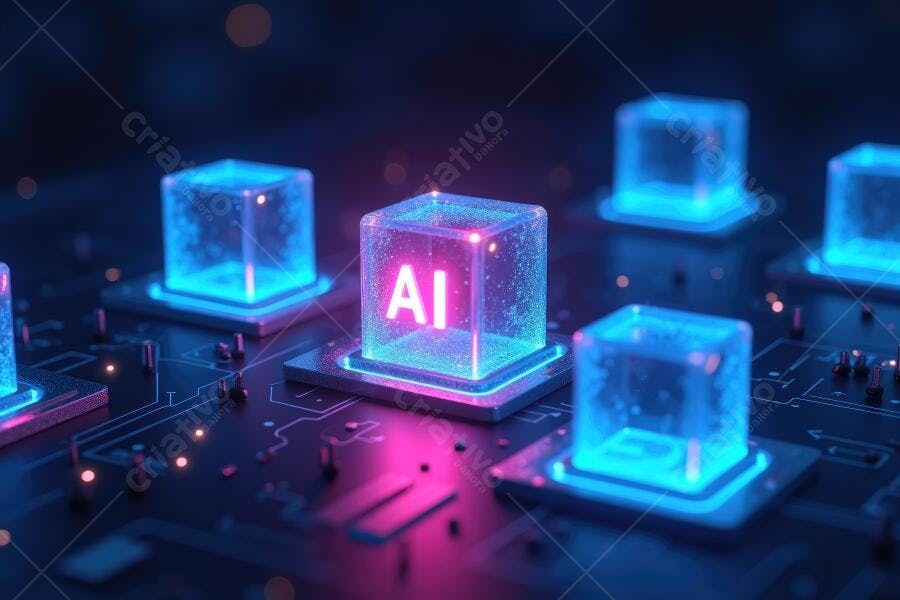 Foto Cubos de Vidro Brilhantes Placa de Circuito AI Inteligência Artificial